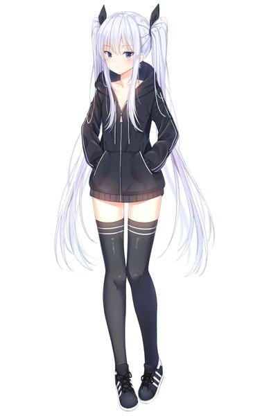 Anime picture 2500x3964 with original xue lu single long hair tall image looking at viewer blush fringe highres blue eyes simple background hair between eyes standing white background twintails silver hair full body long sleeves zettai ryouiki hands in pockets