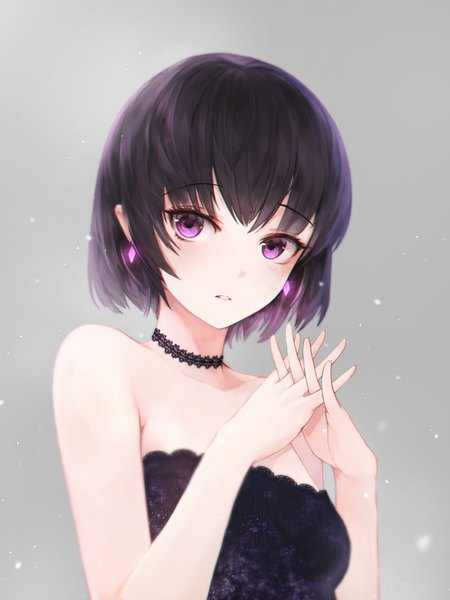 Anime picture 3000x4000 with original crystalherb single tall image looking at viewer blush fringe highres short hair black hair simple background hair between eyes purple eyes bare shoulders upper body parted lips grey background interlocked fingers bob cut girl