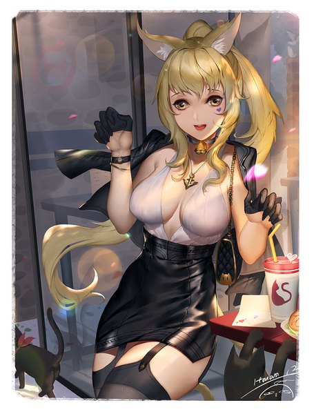 Anime picture 1000x1319 with azur lane ayanami (azur lane) itoucon single long hair tall image looking at viewer blush fringe breasts open mouth light erotic blonde hair large breasts standing signed animal ears yellow eyes payot ponytail