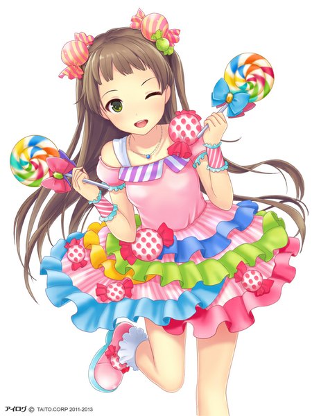 Anime picture 640x853 with ilog amakusa rin occhan single long hair tall image blush open mouth simple background smile brown hair white background green eyes bent knee (knees) one eye closed wink girl dress food boots
