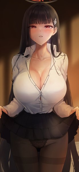 Anime picture 900x1950 with blue archive rio (blue archive) yoru0409 single long hair tall image looking at viewer fringe breasts open mouth light erotic black hair red eyes large breasts standing cleavage indoors blunt bangs long sleeves pleated skirt