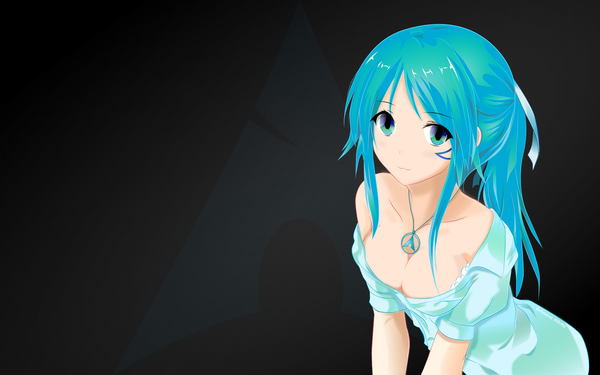 Anime picture 1920x1200 with os-tan linux archlinux tagme (artist) single long hair looking at viewer highres breasts light erotic bare shoulders signed payot cleavage ponytail aqua eyes light smile aqua hair short sleeves wallpaper