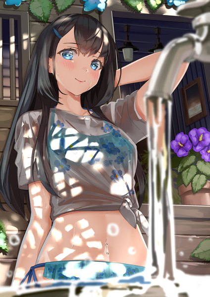 Anime picture 707x1000 with original kinugasa yuuichi single long hair tall image looking at viewer blush fringe breasts blue eyes light erotic black hair smile hair between eyes outdoors bare belly wet floral print arm behind head front-tie top