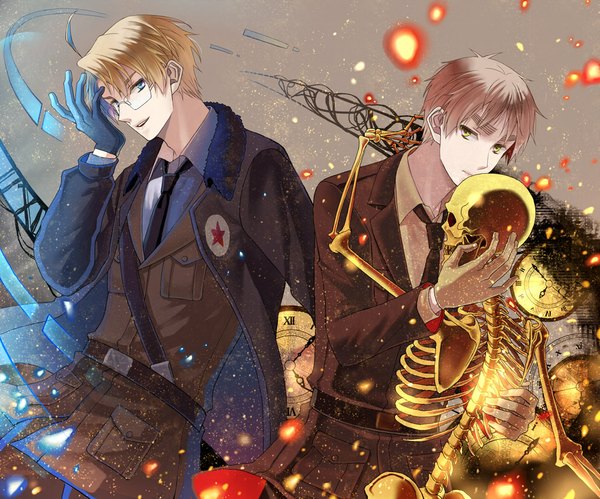 Anime picture 1000x833 with axis powers hetalia studio deen united kingdom (hetalia) america (hetalia) anko kinako short hair blue eyes blonde hair smile brown hair green eyes multiple boys hug skeleton boy glasses necktie 2 boys clock