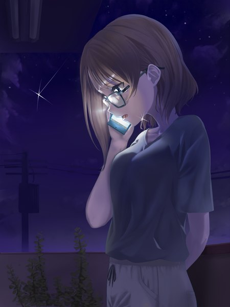 Anime picture 1036x1381 with love live! sunshine!! sunrise (studio) love live! watanabe you poligon (046) single tall image fringe short hair open mouth blue eyes brown hair holding looking away profile night night sky tears arm behind back glow