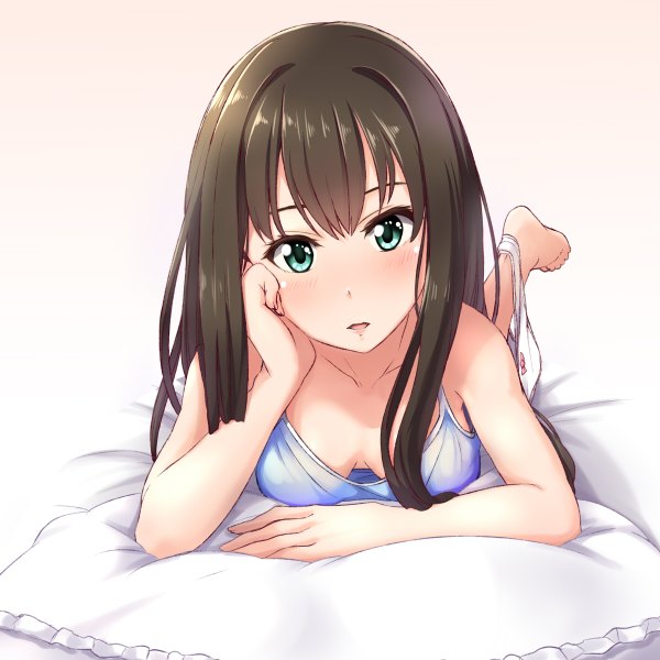 Anime picture 1200x1200 with idolmaster idolmaster cinderella girls shibuya rin miu (angelo whitechoc) single long hair looking at viewer blush fringe breasts open mouth light erotic simple background brown hair green eyes lying barefoot arm support legs on stomach