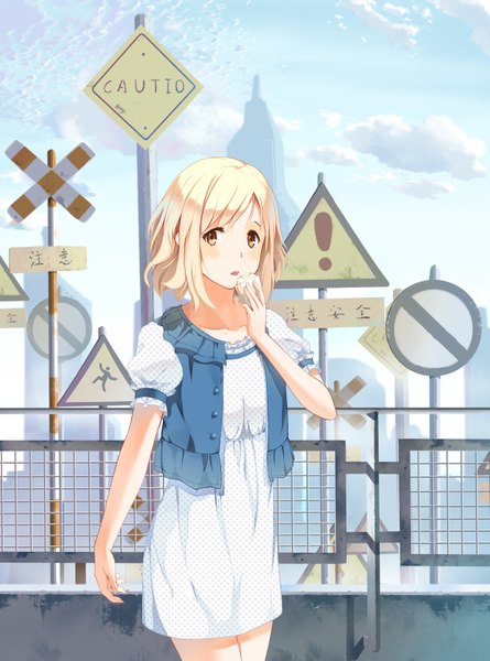 Anime picture 2551x3437 with original shiina mashiro (artist) single tall image looking at viewer blush highres short hair open mouth blonde hair standing brown eyes sky cloud (clouds) girl dress food sundress traffic sign