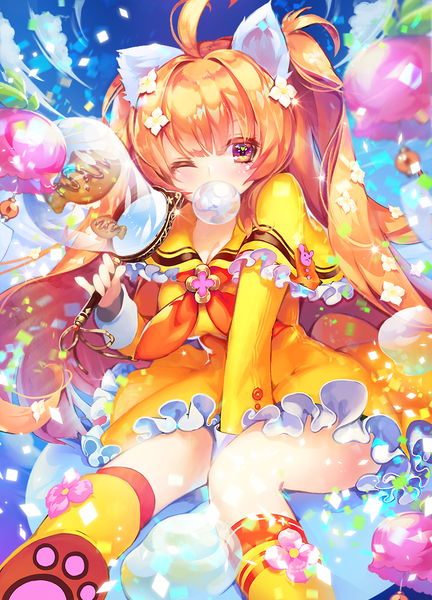 Anime picture 750x1042 with original apple caramel single long hair tall image looking at viewer blush sitting twintails holding ahoge one eye closed wink orange hair sparkle orange eyes between legs girl frills bubble (bubbles)