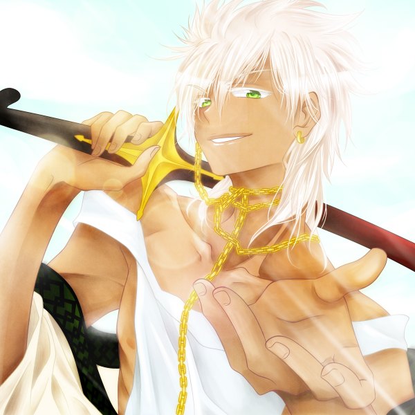 Anime picture 1200x1200 with magi the labyrinth of magic a-1 pictures sharrkan razephyr single long hair smile green eyes white hair sunlight muscle boy weapon earrings sword chain jewelry