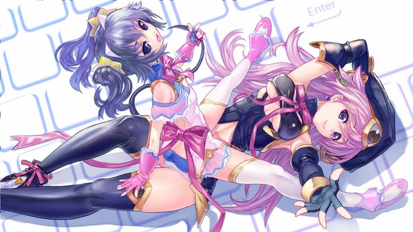 Anime picture 2133x1200 with original chikokuma long hair highres breasts open mouth smile wide image large breasts sitting twintails bare shoulders multiple girls pink hair purple hair tail girl thighhighs dress gloves