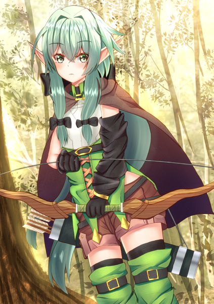 Anime picture 2476x3508 with goblin slayer! high elf archer (goblin slayer!) haru-kanzaki single long hair tall image looking at viewer blush fringe highres breasts hair between eyes standing holding green eyes payot green hair pointy ears sunlight elf