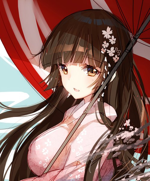 Anime picture 800x959 with warship girls r bison cangshu single long hair tall image looking at viewer fringe breasts open mouth brown hair large breasts brown eyes payot upper body blunt bangs traditional clothes japanese clothes hair flower girl flower (flowers)