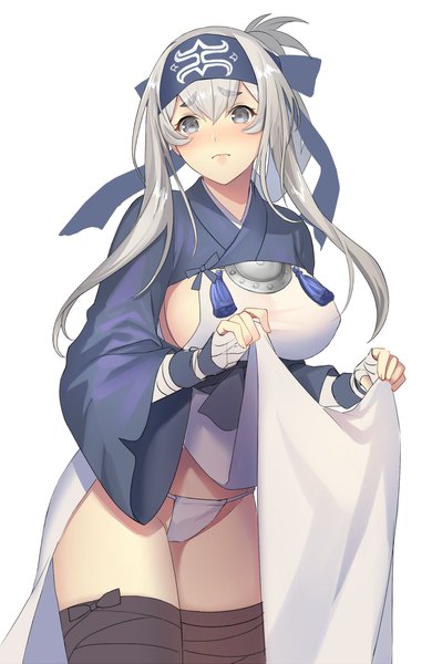 Anime picture 1276x1963 with kantai collection kamoi (kantai collection) pantsu majirou single long hair tall image looking at viewer blush fringe breasts light erotic simple background hair between eyes large breasts ponytail traditional clothes japanese clothes grey hair no bra shadow