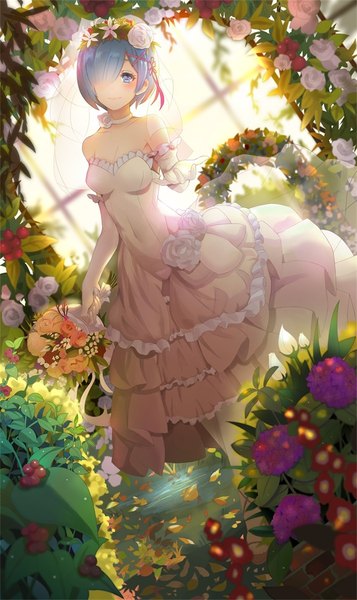 Anime picture 615x1033 with re:zero kara hajimeru isekai seikatsu white fox rem (re:zero) meijin93 single tall image looking at viewer blush fringe short hair breasts standing bare shoulders blue hair head tilt hair flower sunlight hair over one eye partially submerged outstretched hand
