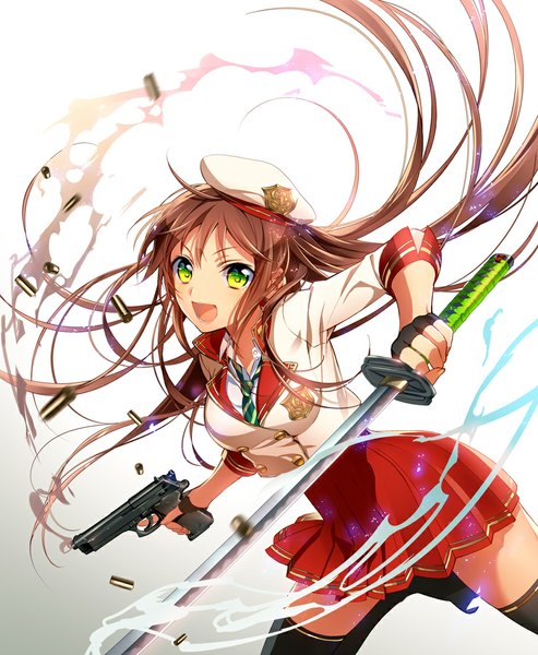 Anime picture 821x1000 with original murakami yuichi single long hair tall image open mouth brown hair green eyes zettai ryouiki girl thighhighs skirt uniform weapon black thighhighs school uniform sword katana gun beret