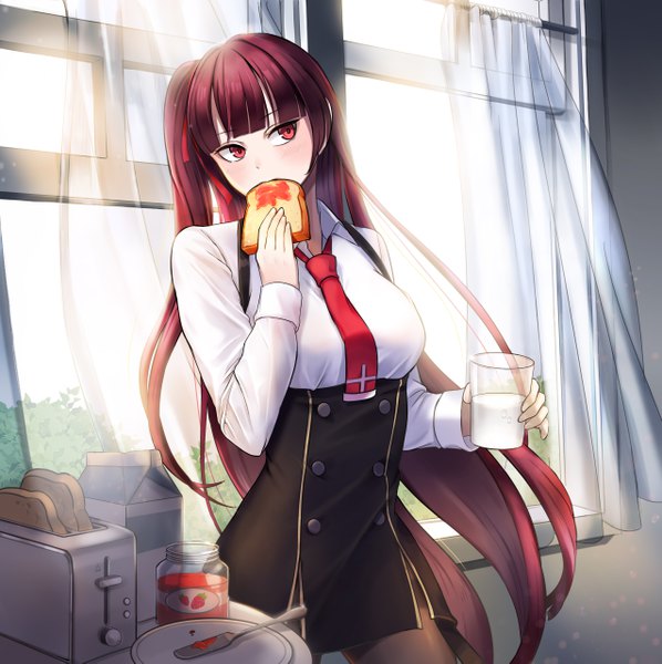 Anime picture 5103x5123 with girls frontline wa2000 (girls frontline) chuli 00 single long hair tall image blush fringe highres red eyes standing holding looking away absurdres red hair indoors blunt bangs wind one side up eating