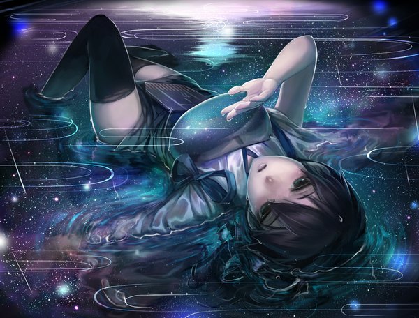 Anime picture 1000x761 with kantai collection kaga aircraft carrier lif (lif-ppp) single looking at viewer short hair brown hair brown eyes sky ponytail lying traditional clothes japanese clothes night on back side ponytail reflection meteor rain girl thighhighs