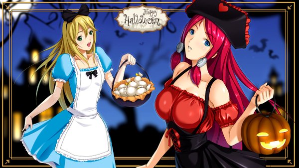 Anime picture 1280x720 with original dragon@harry long hair blush open mouth blue eyes blonde hair wide image multiple girls green eyes red hair halloween happy halloween girl dress bow 2 girls hair bow hat jack-o'-lantern