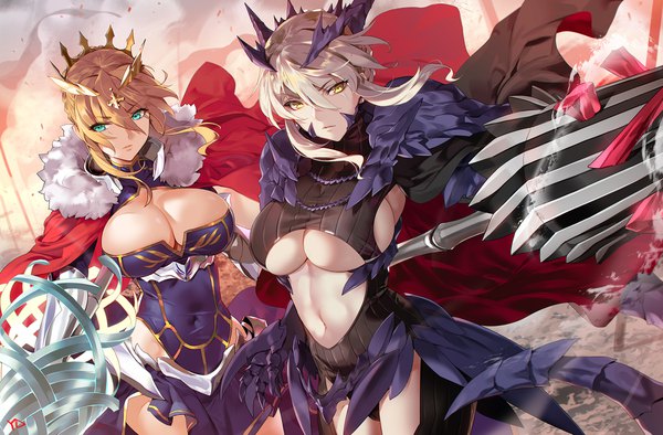 Anime picture 1900x1249 with fate (series) fate/grand order artoria pendragon (all) artoria pendragon (lancer alter) artoria pendragon (lancer) yd (orange maru) fringe highres short hair breasts light erotic blonde hair hair between eyes large breasts standing multiple girls holding signed yellow eyes looking away
