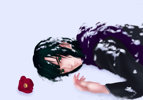 Anime picture 1426x997 with hikaru no go studio pierrot akira toya newo (artist) single black hair white background green eyes lying winter snow boy flower (flowers) coat