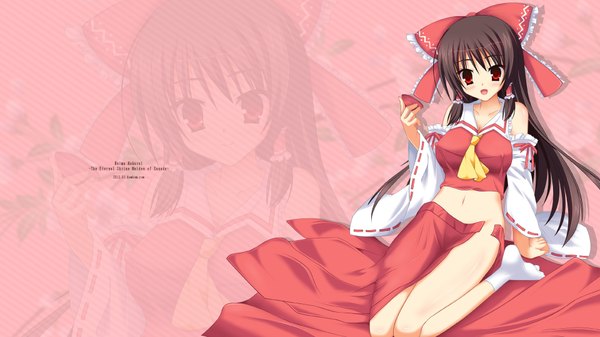 Anime picture 1920x1080 with touhou hakurei reimu kom (1323736) single long hair looking at viewer blush highres open mouth light erotic black hair red eyes wide image bare shoulders miko girl skirt navel bow hair bow