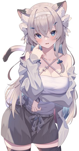 Anime picture 2260x4300 with original jun (aousa0328) single long hair tall image looking at viewer blush fringe highres breasts open mouth blue eyes simple background hair between eyes large breasts standing white background bare shoulders animal ears silver hair