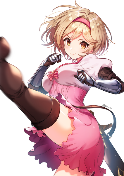 Anime picture 1300x1839 with granblue fantasy gita (granblue fantasy) tyyni single tall image fringe short hair simple background blonde hair smile white background brown eyes signed puffy sleeves twitter username underbust kick fighter (granblue fantasy) girl boots