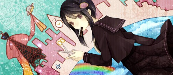 Anime picture 1060x460 with original miyabi hatsuru single looking at viewer blush short hair black hair wide image cloud (clouds) city girl uniform hair ornament bow school uniform hairclip rainbow scissors spacecraft ufo