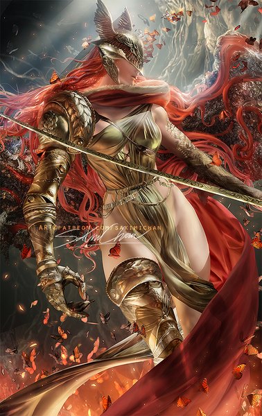 Anime picture 630x1000 with elden ring malenia blade of miquella sakimichan single long hair tall image breasts light erotic standing signed looking away red hair realistic from below floating hair blindfold girl weapon wings insect