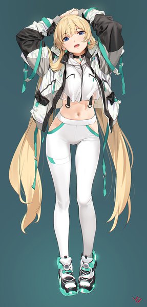 Anime picture 800x1672 with expelled from paradise angela balzac yd (orange maru) single tall image looking at viewer blush fringe open mouth blue eyes blonde hair simple background hair between eyes standing twintails signed full body very long hair arms up open jacket