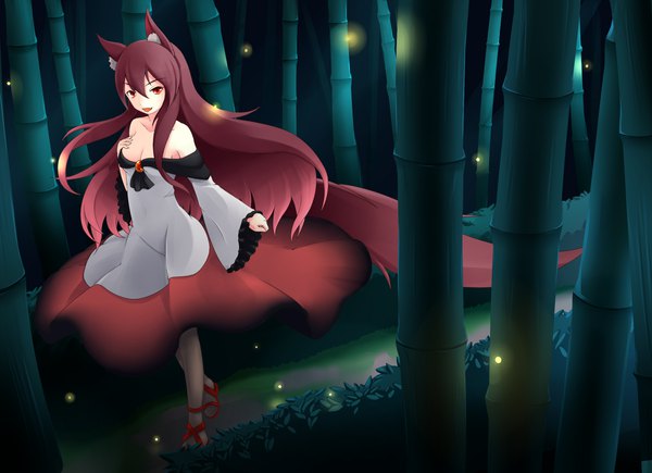 Anime picture 1920x1392 with touhou imaizumi kagerou inyuppo single long hair looking at viewer fringe highres breasts open mouth hair between eyes red eyes brown hair bare shoulders animal ears tail :d animal tail wide sleeves hand on chest