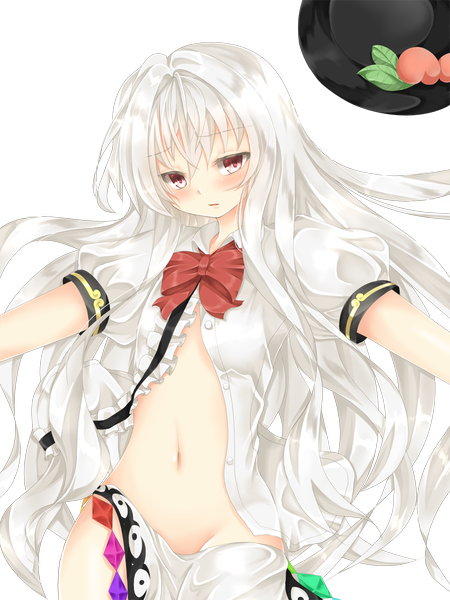 Anime picture 900x1200 with touhou hinanawi tenshi aru gunsou single long hair tall image looking at viewer blush light erotic red eyes white hair transparent background alternate color girl dress navel hat bowtie