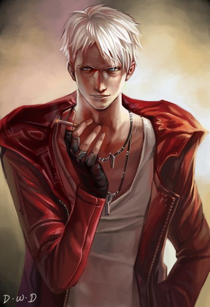 Anime picture 1300x1890 with devil may cry dante (devil may cry) dantewontdie single tall image short hair blue eyes signed white hair realistic hand in pocket smoking boy gloves fingerless gloves pendant coat cigarette