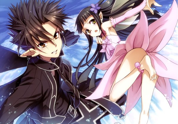 Anime picture 3808x2662 with sword art online a-1 pictures kirigaya kazuto yui (sao) sasakura ayato long hair highres short hair open mouth light erotic black hair brown eyes absurdres pointy ears scan official art girl dress boy wings