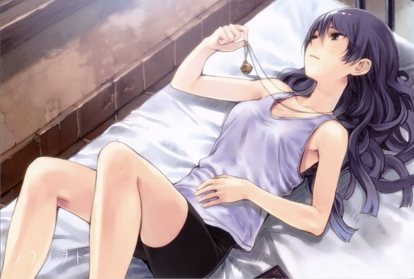 Anime picture 1733x1170 with sora no woto a-1 pictures kazumiya rio kishida mel single long hair fringe highres black hair hair between eyes bare shoulders brown eyes purple hair lying black eyes sleeveless wavy hair girl shorts pendant