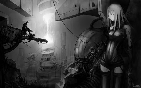 Anime picture 1920x1200 with blame! killy cibo long hair highres short hair wide image sitting monochrome cityscape girl thighhighs boy building (buildings) wire (wires)