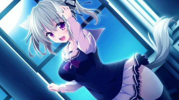 Anime picture 1280x720 with 11gatsu no arcadia nonomiya fuuka hayakawa harui single blush short hair breasts open mouth smile wide image purple eyes twintails animal ears game cg silver hair tail animal tail night short twintails hand on head