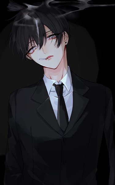 Anime picture 904x1446 with chainsaw man mappa hayakawa aki nerune single tall image looking at viewer fringe short hair black hair simple background hair between eyes upper body grey eyes piercing black background ear piercing smoke smoking formal