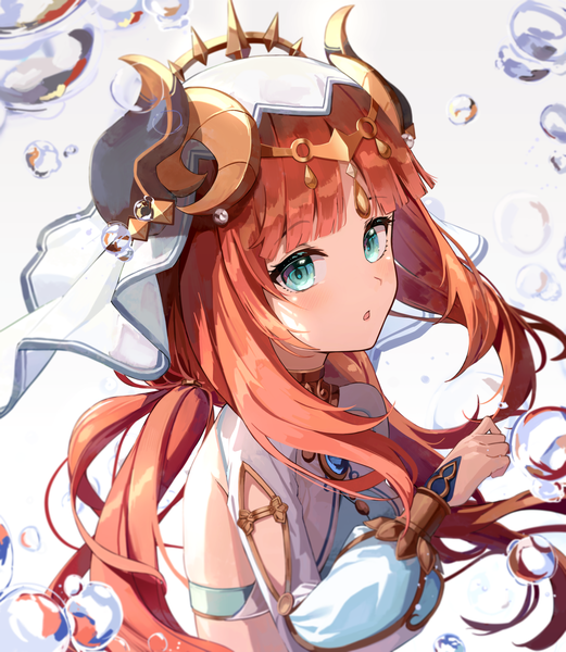Anime picture 2000x2302 with genshin impact nilou (genshin impact) seero single long hair tall image looking at viewer blush fringe highres open mouth simple background white background twintails upper body red hair blunt bangs arm up horn (horns) aqua eyes