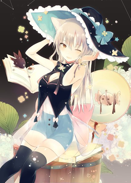 Anime picture 827x1158 with original lpip single long hair tall image looking at viewer blush fringe breasts open mouth simple background smile hair between eyes sitting animal ears cleavage one eye closed grey hair dark background cleavage cutout