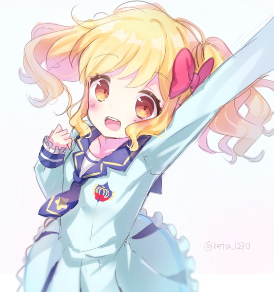 Anime picture 1000x1067 with aikatsu! aikatsu stars! nijino yume reta (honoka1230zero) single tall image looking at viewer blush short hair open mouth simple background blonde hair white background twintails brown eyes signed payot arm up twitter username short twintails