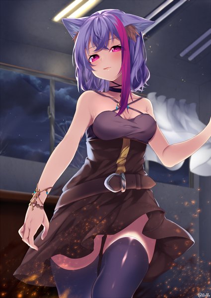 Anime picture 1200x1694 with original miyakura shiiha single tall image looking at viewer blush short hair bare shoulders signed animal ears pink hair purple hair cloud (clouds) indoors multicolored hair cat ears night two-tone hair from below cat girl