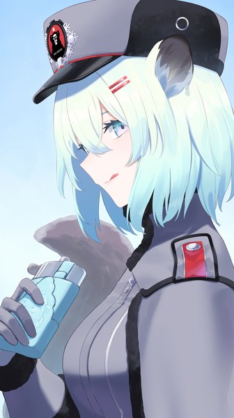 Anime picture 1078x1926 with blue archive shigure (blue archive) daifuku (tkja3555) single tall image fringe short hair simple background hair between eyes animal ears upper body tail animal tail aqua hair blue background silver eyes girl gloves uniform bobby pin