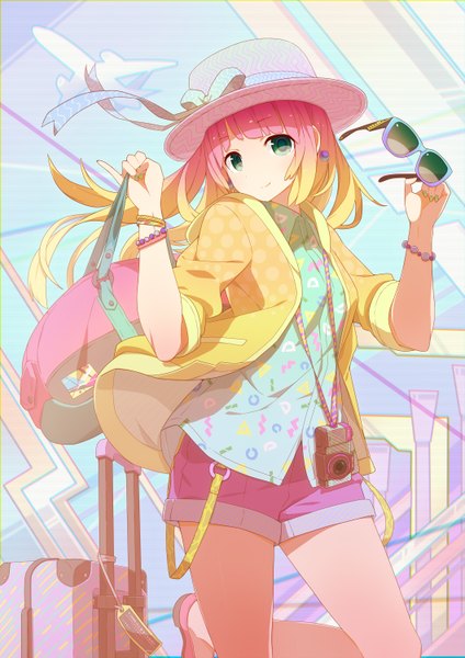Anime picture 1060x1500 with original tomioka jirou single long hair tall image looking at viewer blue eyes blonde hair smile multicolored hair two-tone hair sunglasses removed girl hat shorts bag sunglasses camera suitcase