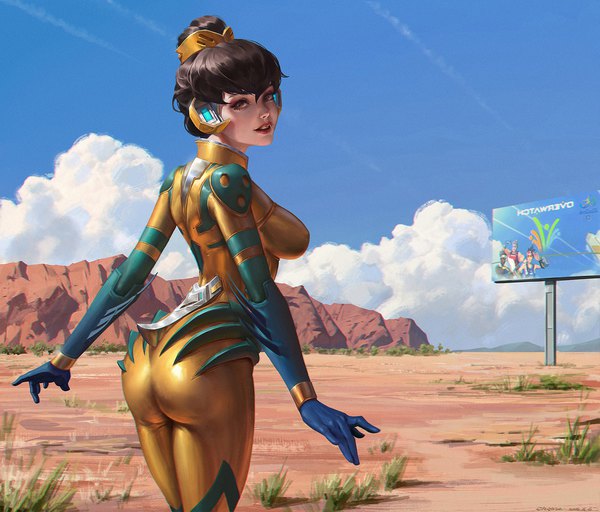 Anime picture 1755x1500 with overwatch blizzard entertainment d.va (overwatch) tracer (overwatch) zarya (overwatch) lucio (overwatch) junebug d.va c home single looking at viewer highres short hair breasts light erotic brown hair large breasts standing brown eyes sky cloud (clouds)
