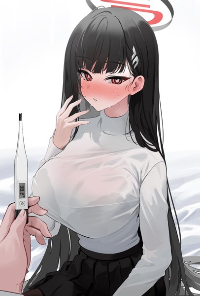 Anime picture 2240x3309 with blue archive rio (blue archive) yuki (asayuki101) long hair tall image looking at viewer blush fringe highres breasts light erotic black hair simple background red eyes large breasts white background sitting holding blunt bangs parted lips