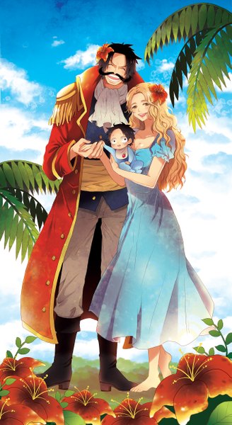 Anime picture 1358x2480 with one piece toei animation portgas d. ace gol d roger portgas d rouge ance long hair tall image looking at viewer blush short hair open mouth black hair blonde hair smile brown eyes sky cloud (clouds) full body eyes closed