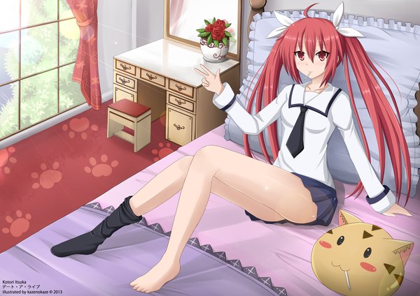 Anime picture 1600x1131 with date a live itsuka kotori kazenokaze single long hair blush red eyes twintails red hair barefoot legs girl thighhighs skirt uniform flower (flowers) black thighhighs necktie window pillow