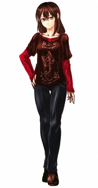 Anime picture 1000x1900 with resident evil original kotoba noriaki single long hair tall image looking at viewer simple background brown hair standing white background brown eyes hand on hip thigh gap denim girl shoes pants jeans