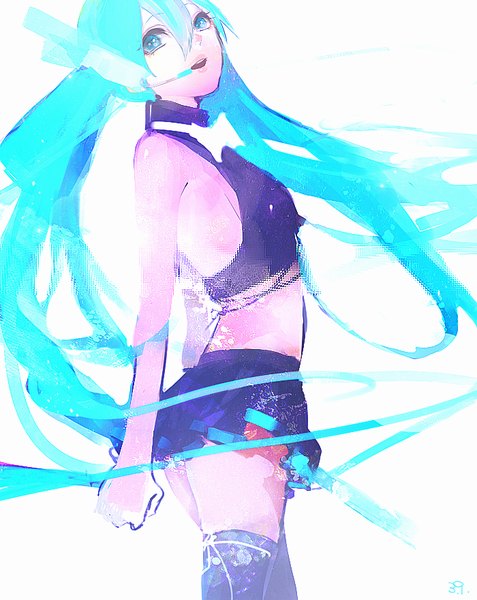 Anime picture 700x880 with vocaloid hatsune miku hebi (yurari) single tall image fringe open mouth simple background white background twintails very long hair pleated skirt aqua eyes aqua hair bare belly zettai ryouiki bare back girl skirt miniskirt